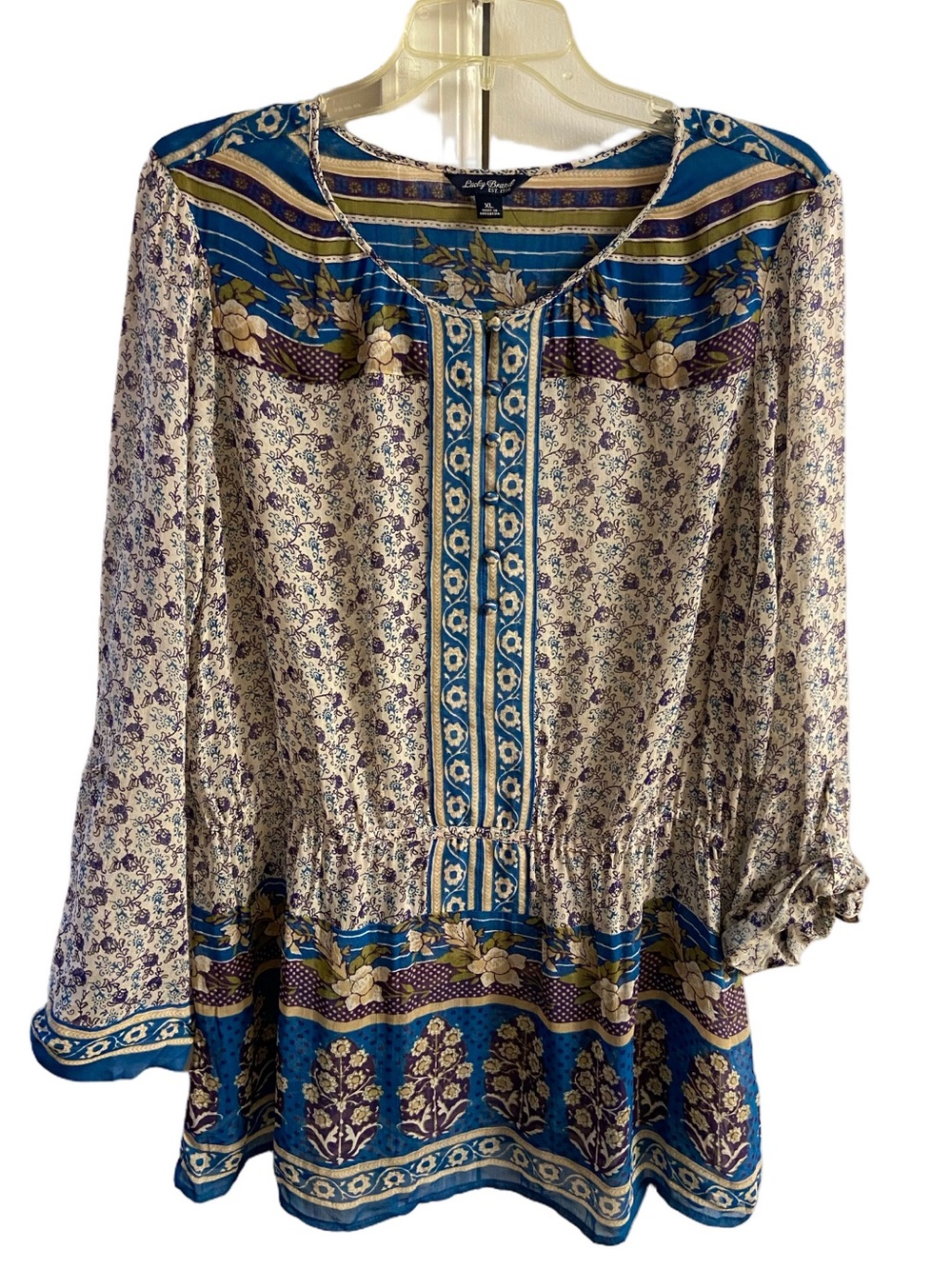 Lucky Brand Blue and Cream Floral Boho Tunic Blouse XL - Picture 2 of 10